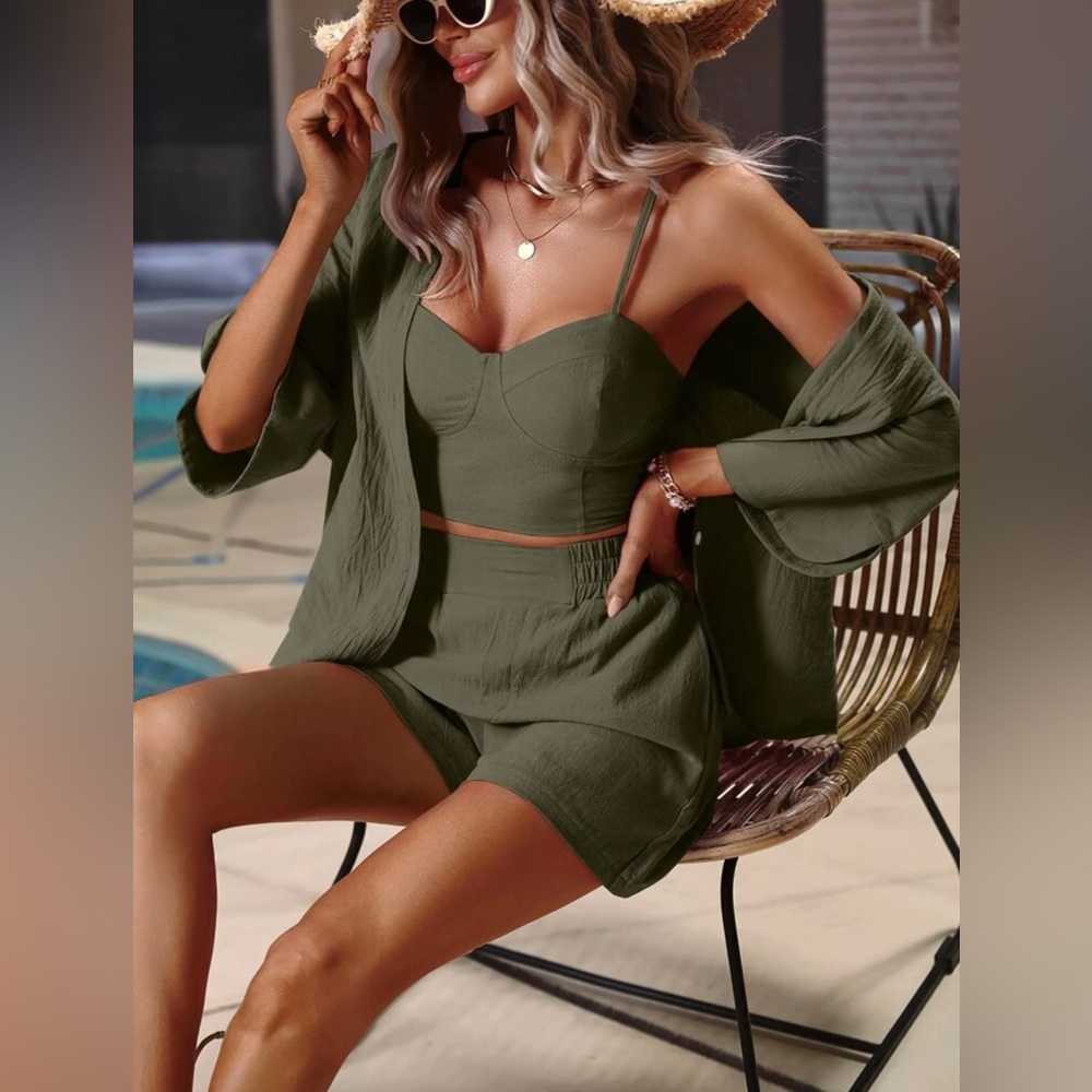 Solid Cami Top & Shorts & Open Front Blouse